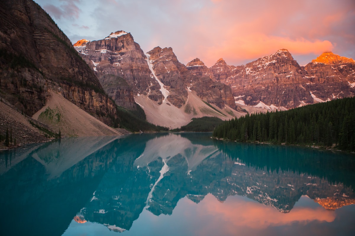 Misty mountain lake landscape with reflections